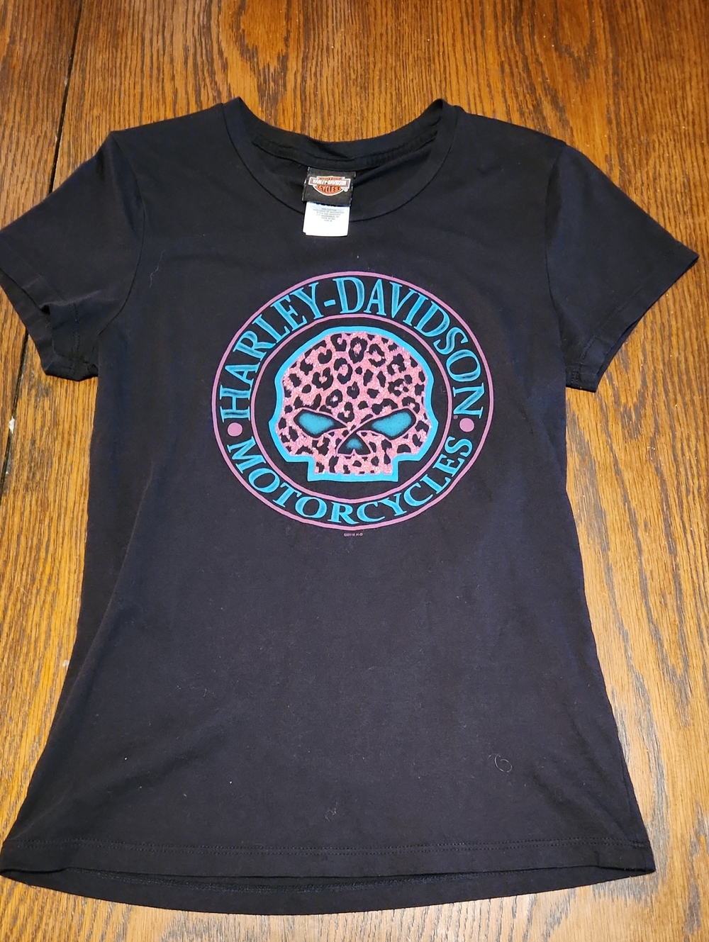 Harley-Davidson Black Tee with Pink Leopard Skull and Teal Logo